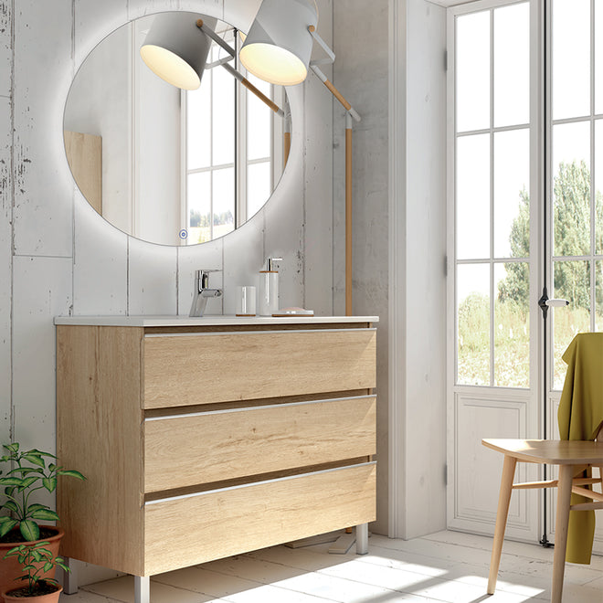 Meuble de salle de bain 60cm simple vasque - 3 tiroirs - PALMA et miroir Led SOLEN