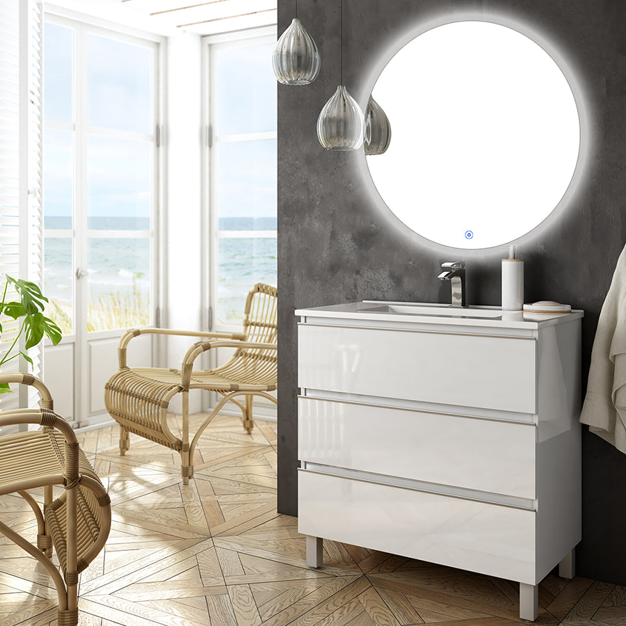 Meuble de salle de bain 70cm simple vasque - 3 tiroirs - PALMA et miroir rond Led SOLEN