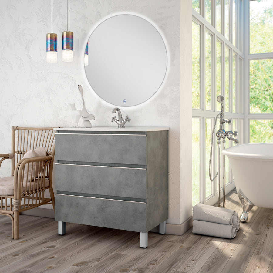 Meuble de salle de bain 70cm simple vasque - 3 tiroirs - PALMA et miroir rond Led SOLEN