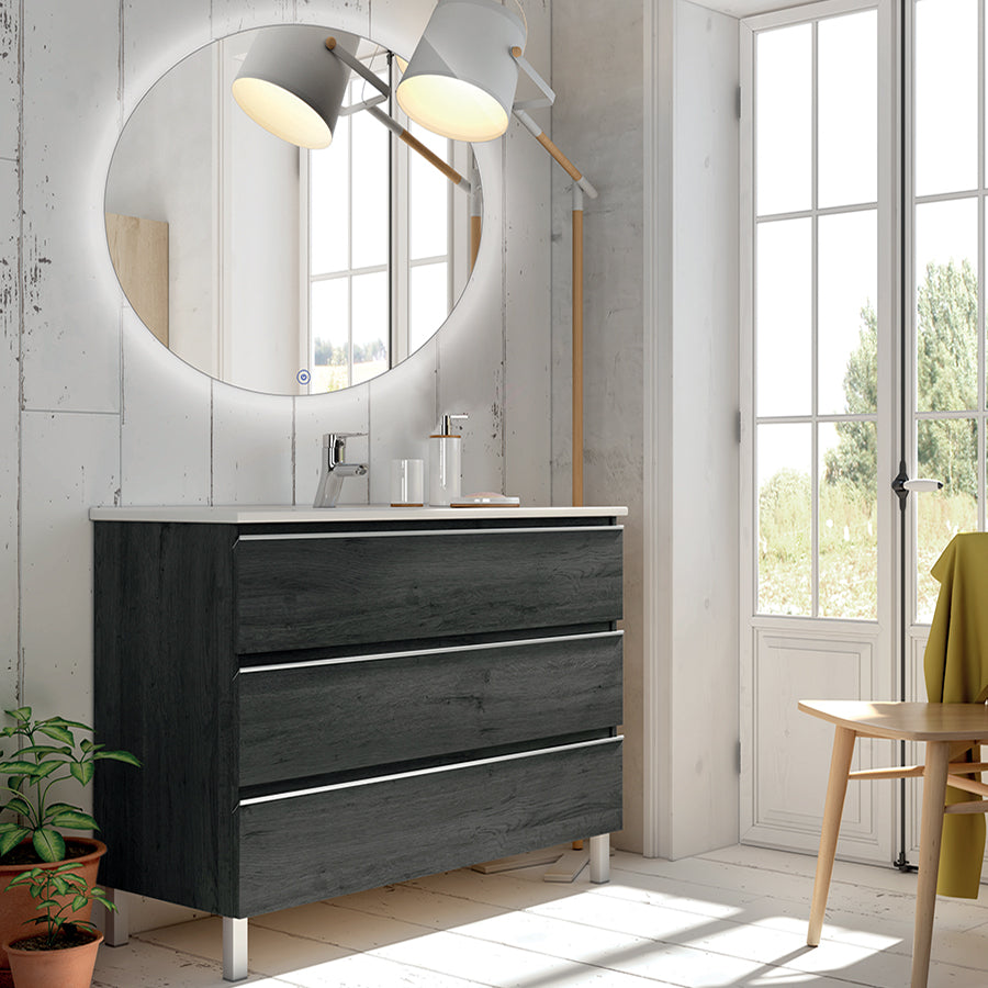 Meuble de salle de bain 70cm simple vasque - 3 tiroirs - PALMA et miroir rond Led SOLEN