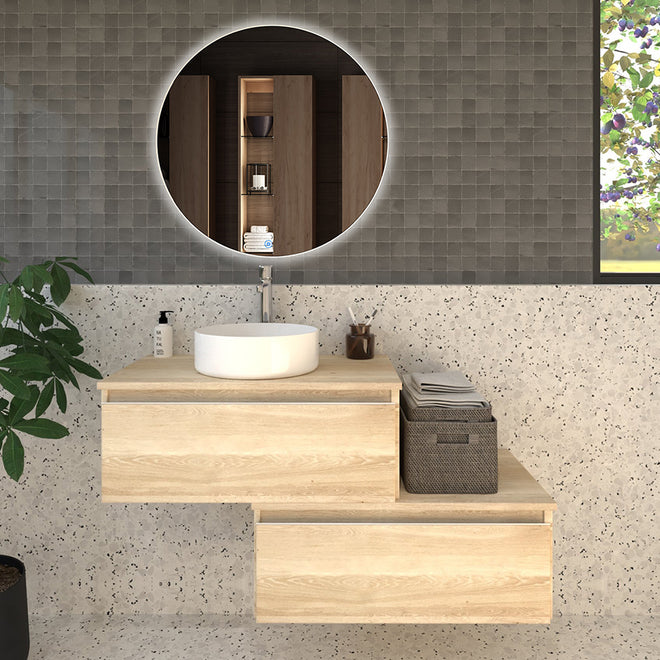 Meuble de salle de bain 120cm avec vasque à poser ronde - 2 tiroirs - PENA et miroir Led SOLEN