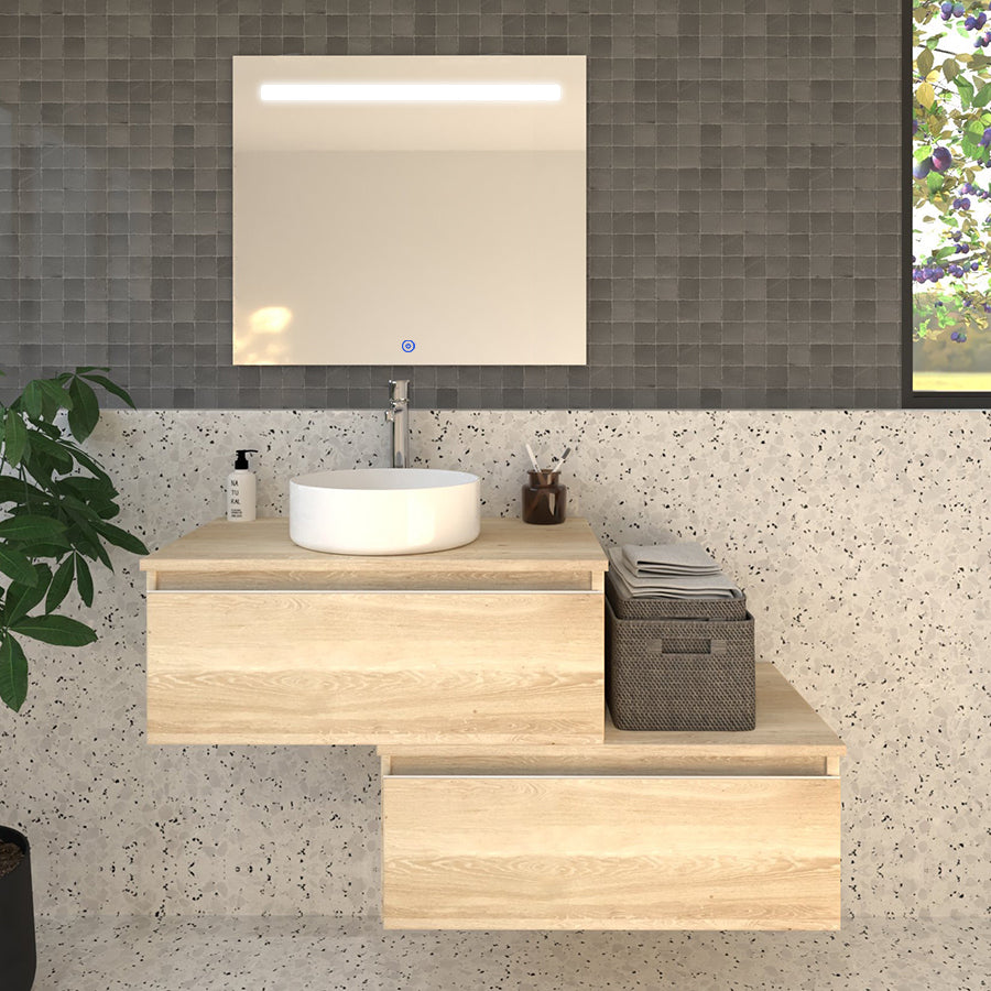 Meuble de salle de bain 120cm avec vasque à poser ronde - 2 tiroirs - PENA et miroir Led STAM