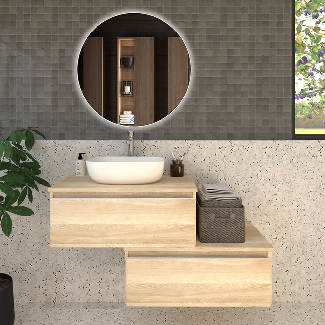 Meuble de salle de bain 120cm avec vasque à poser arrondie - 2 tiroirs - PENA et miroir Led SOLEN