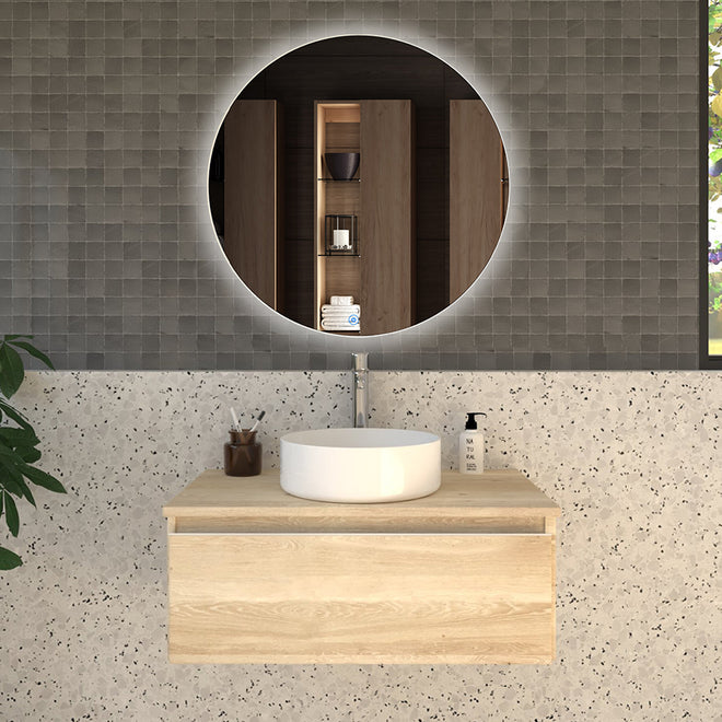 Meuble de salle de bain 80cm avec vasque à poser ronde - 1 tiroir - PENA et miroir Led SOLEN