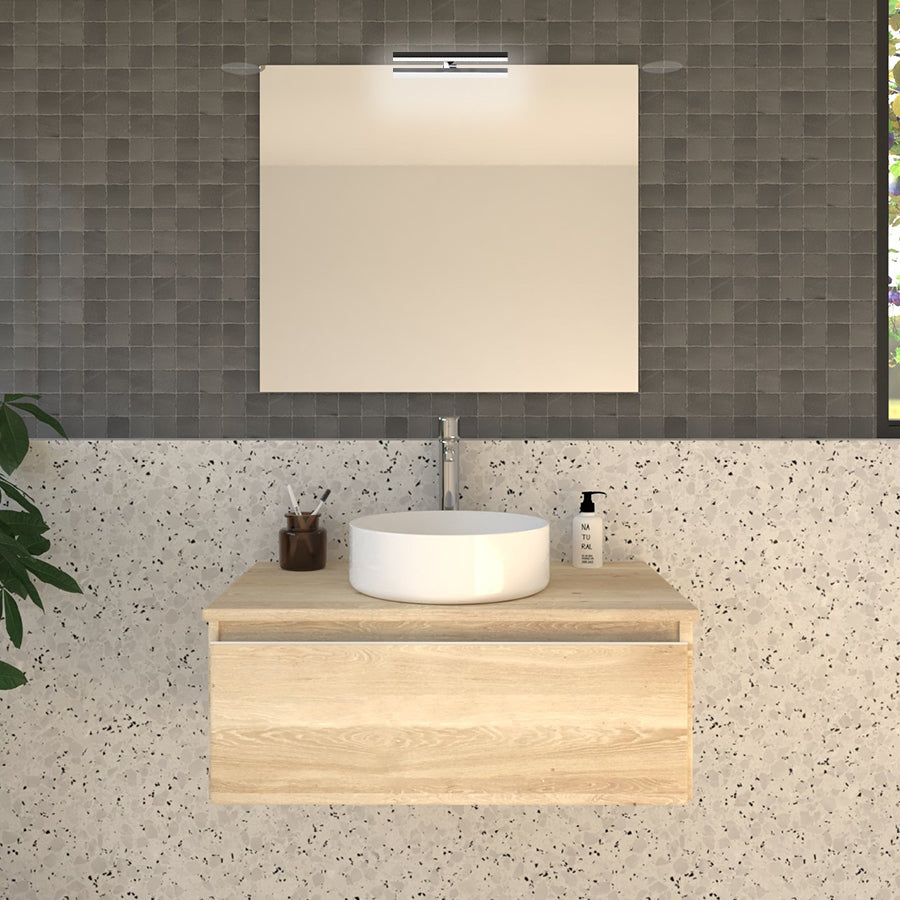 Meuble de salle de bain 80cm avec vasque à poser ronde - 1 tiroir et miroir avec applique -  PENA