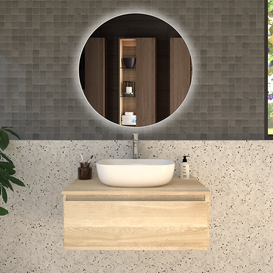 Meuble de salle de bain 80cm avec vasque à poser arrondie - 1 tiroir - PENA et miroir Led SOLEN
