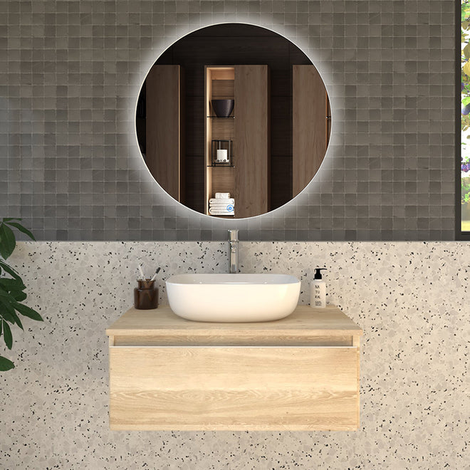 Meuble de salle de bain 80cm avec vasque à poser arrondie - 1 tiroir - PENA et miroir Led SOLEN