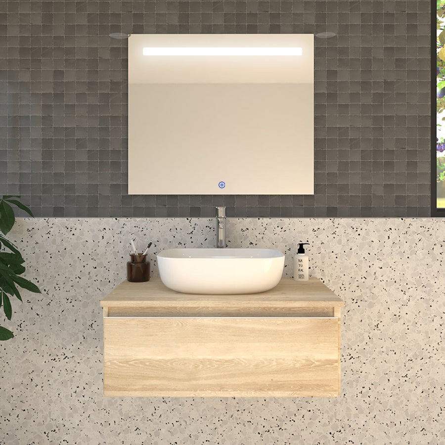 Meuble de salle de bain 80cm avec vasque à poser arrondie - 1 tiroir - PENA et miroir Led STAM