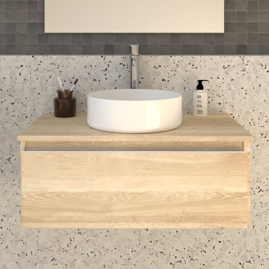 Meuble de salle de bain 80cm avec vasque à poser ronde - 1 tiroir et miroir avec applique -  PENA