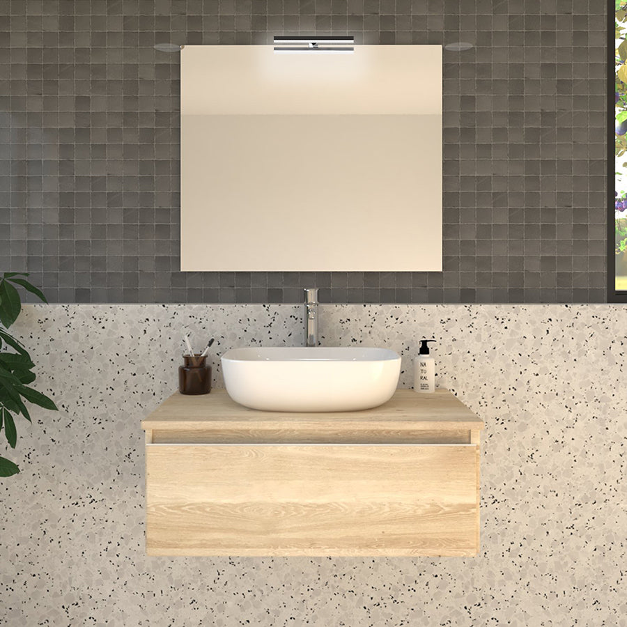 Meuble de salle de bain 80cm avec vasque à poser arrondie - 1 tiroir et miroir avec applique - PENA