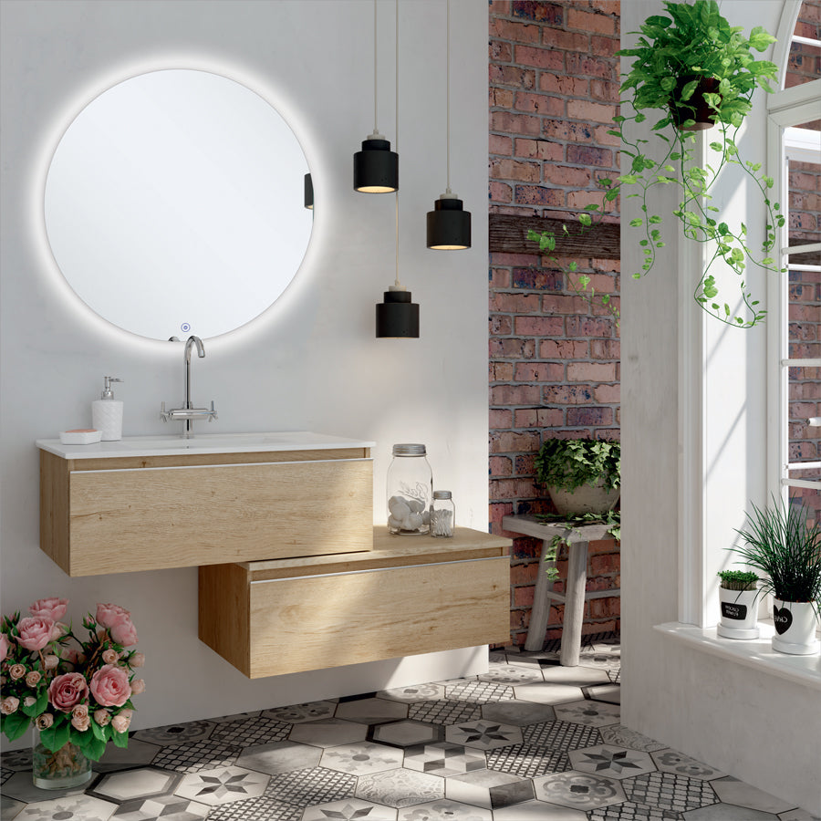 Meuble de salle de bain 120cm simple vasque - 2 tiroirs - PENA et miroir rond Led SOLEN