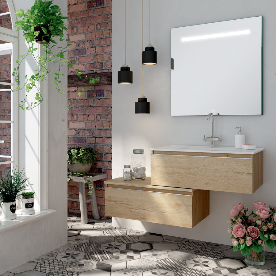 Meuble de salle de bain 120cm simple vasque - 2 tiroirs - PENA et miroir Led STAM