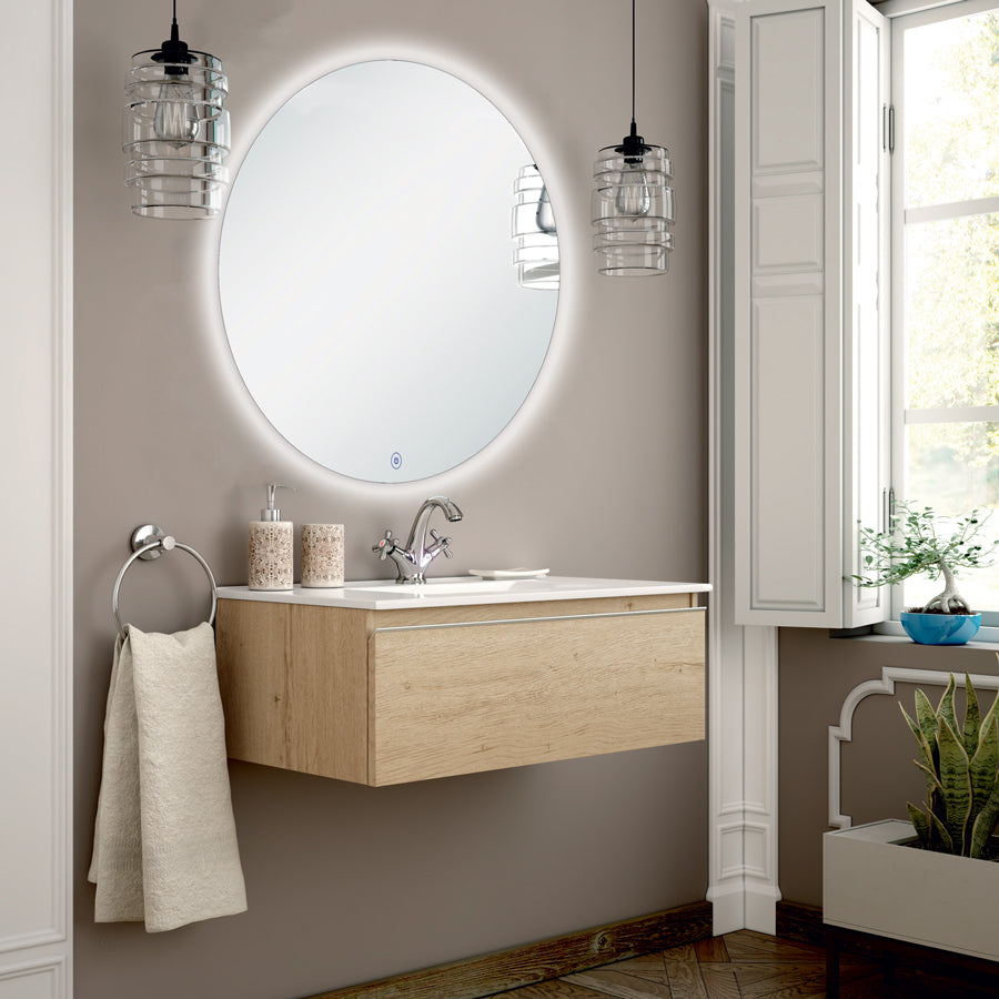 Meuble de salle de bain 80cm simple vasque - 1 tiroir - PENA et miroir rond Led SOLEN