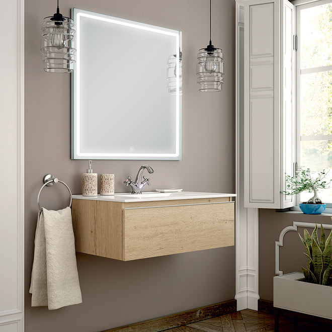Meuble de salle de bain 80cm simple vasque - 1 tiroir - PENA et miroir Led VELDI