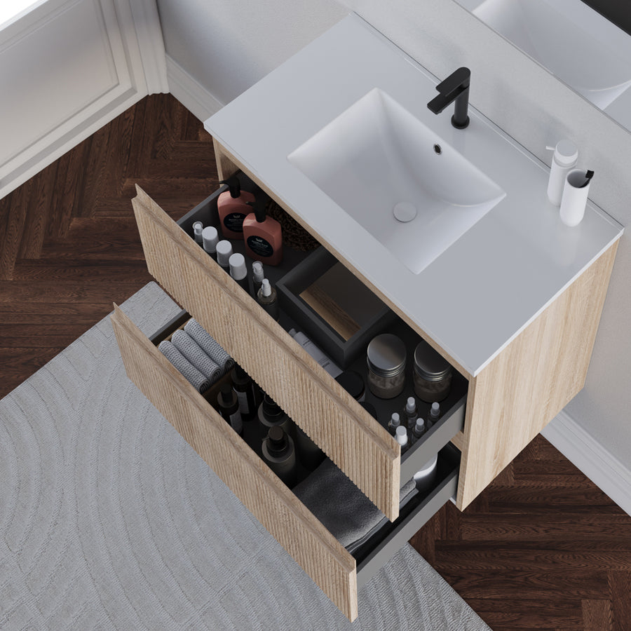 Meuble de salle de bain 60cm avec plan simple vasque - sans miroir - 2 tiroirs - RIBERA