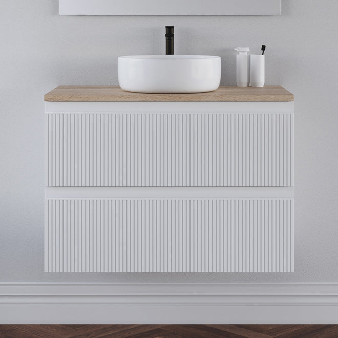 Meuble de salle de bain 80cm avec plateau et vasque à poser ronde - sans miroir - 2 tiroirs - RIBERA