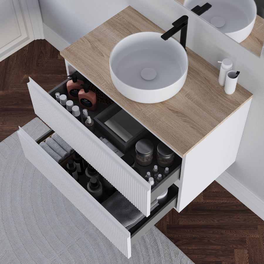 Meuble de salle de bain 80cm avec plateau et vasque à poser ronde - 2 tiroirs - RIBERA