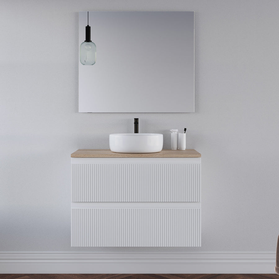 Meuble de salle de bain 80cm avec plateau et vasque à poser ronde - 2 tiroirs - RIBERA