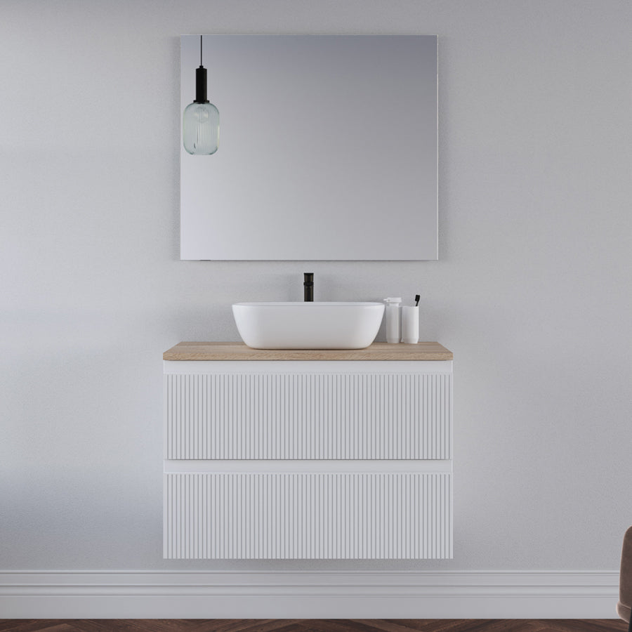 Meuble de salle de bain 80cm avec plateau et vasque à poser arrondie - 2 tiroirs - RIBERA