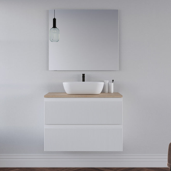 Meuble de salle de bain 80cm avec plateau et vasque à poser arrondie - 2 tiroirs - RIBERA