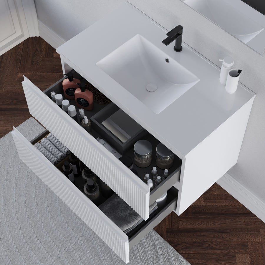 Meuble de salle de bain 70cm avec plan simple vasque - 2 tiroirs - RIBERA