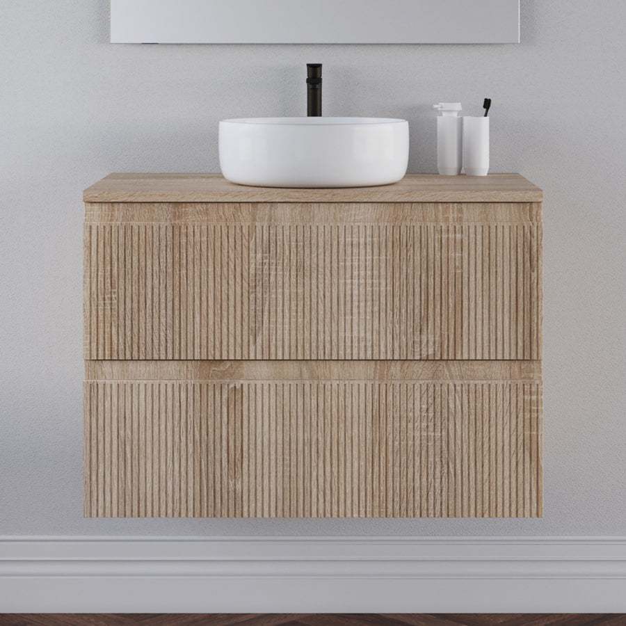 Meuble de salle de bain 80cm avec plateau et vasque à poser ronde - 2 tiroirs - RIBERA