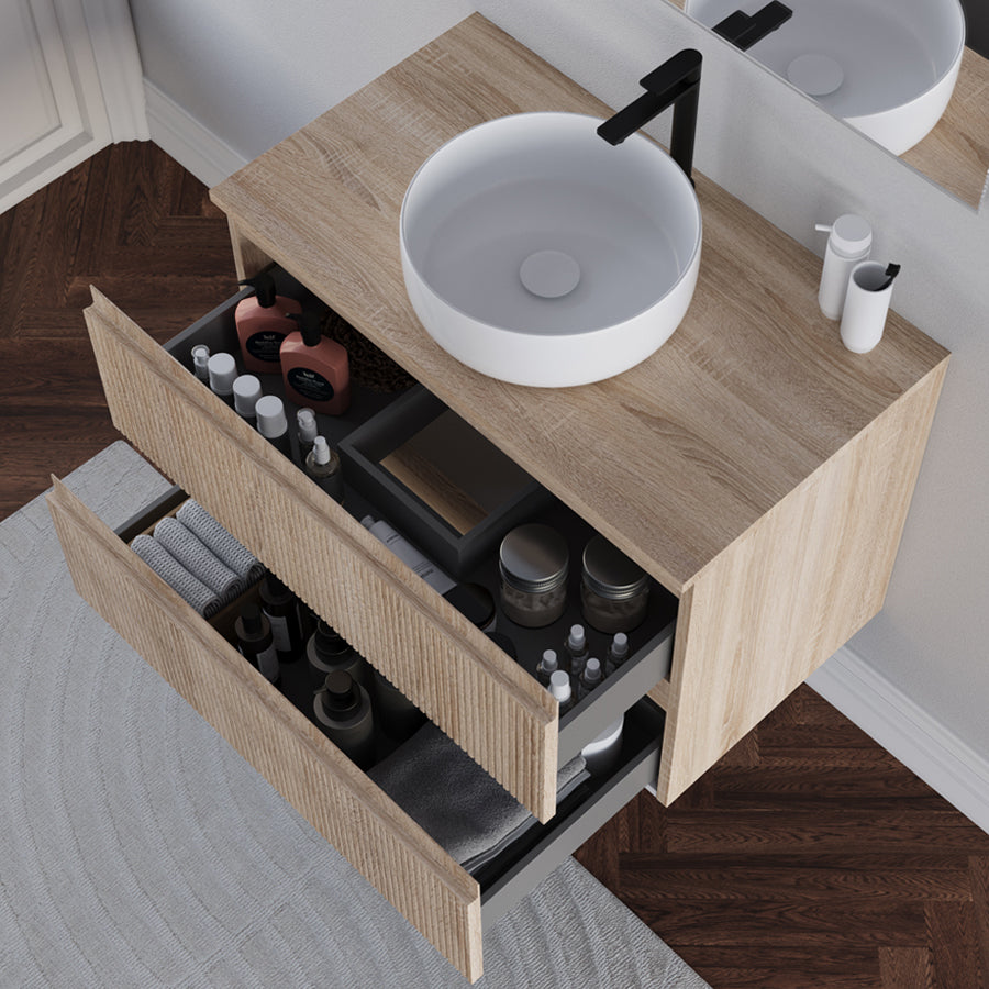 Meuble de salle de bain 80cm avec plateau et vasque à poser ronde - 2 tiroirs - RIBERA