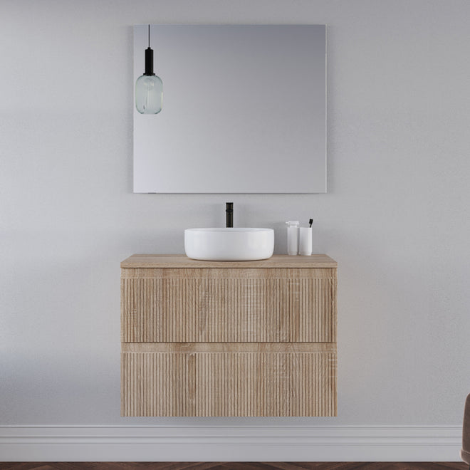 Meuble de salle de bain 80cm avec plateau et vasque à poser ronde - 2 tiroirs - RIBERA