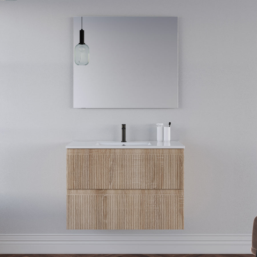 Meuble de salle de bain 70cm avec plan simple vasque - 2 tiroirs - RIBERA