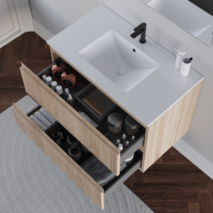Meuble de salle de bain 70cm avec plan simple vasque - 2 tiroirs - RIBERA