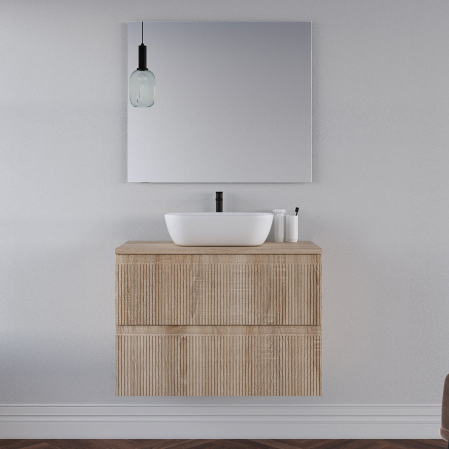 Meuble de salle de bain 80cm avec plateau et vasque à poser arrondie - 2 tiroirs - RIBERA