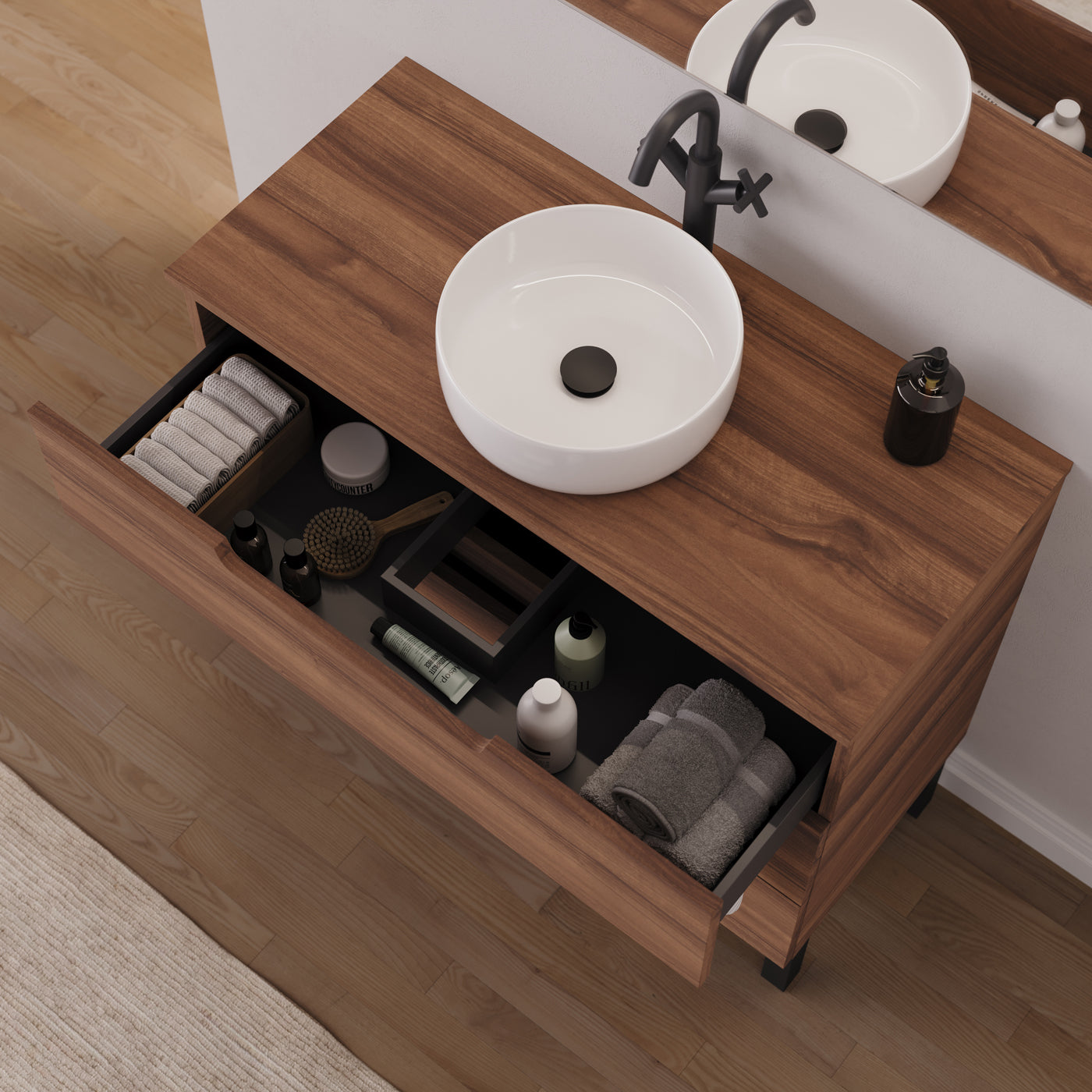 Meuble salle de bain RIZA 100cm noyer vasque ares vue dessus