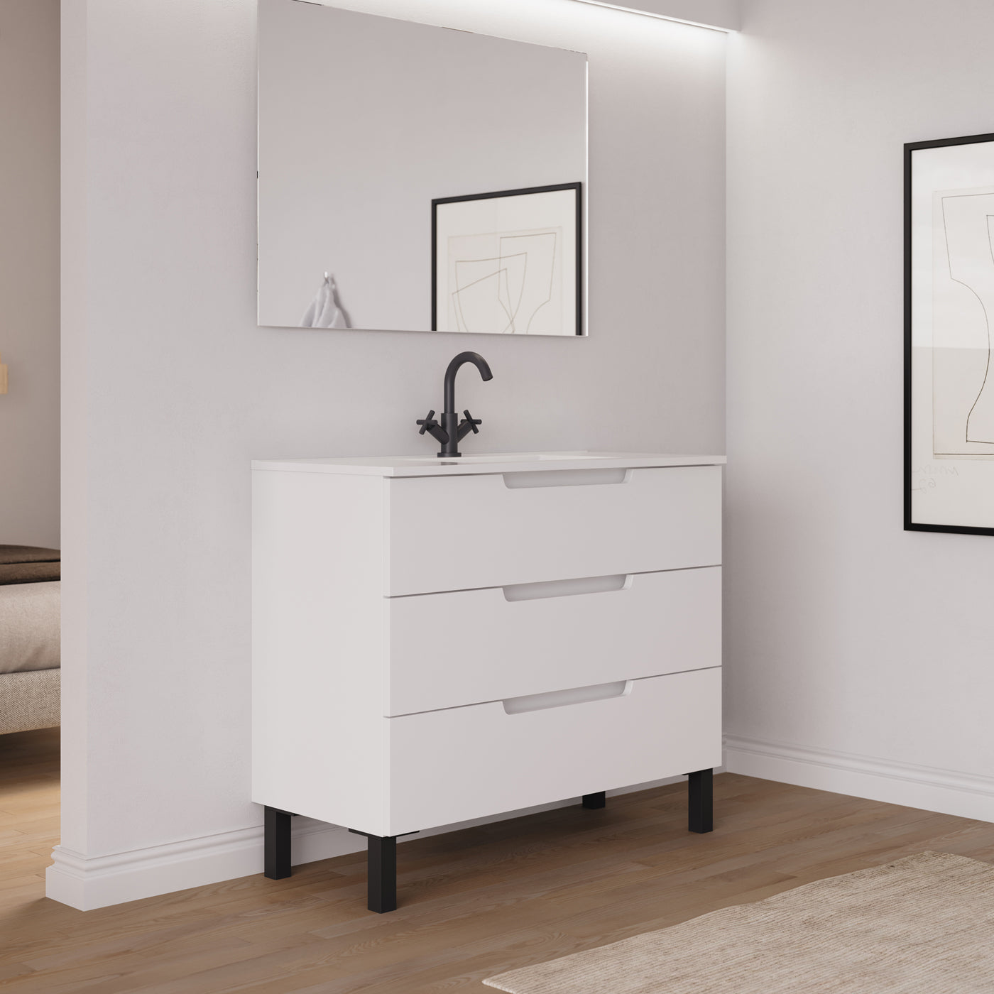Ensemble Meuble salle de bain RIZA 100cm blanc vue profil