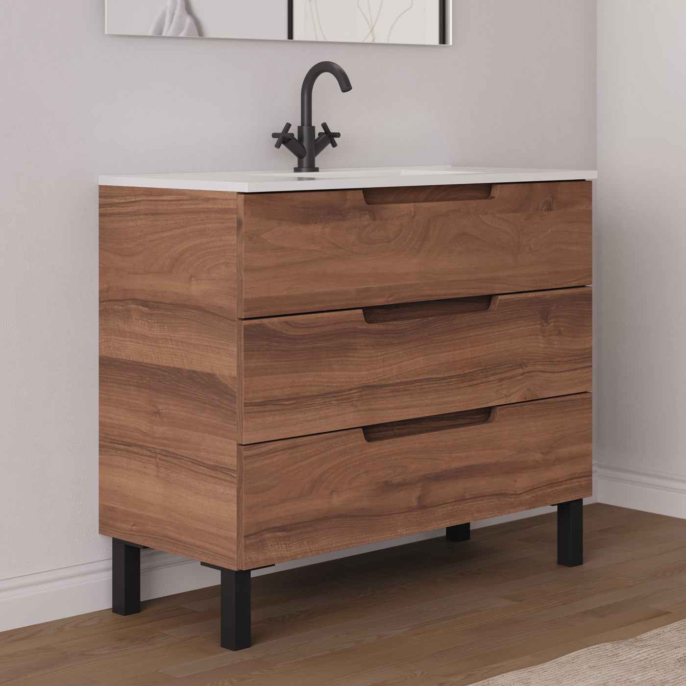 Meuble salle de bain RIZA 100cm noyer vue profil