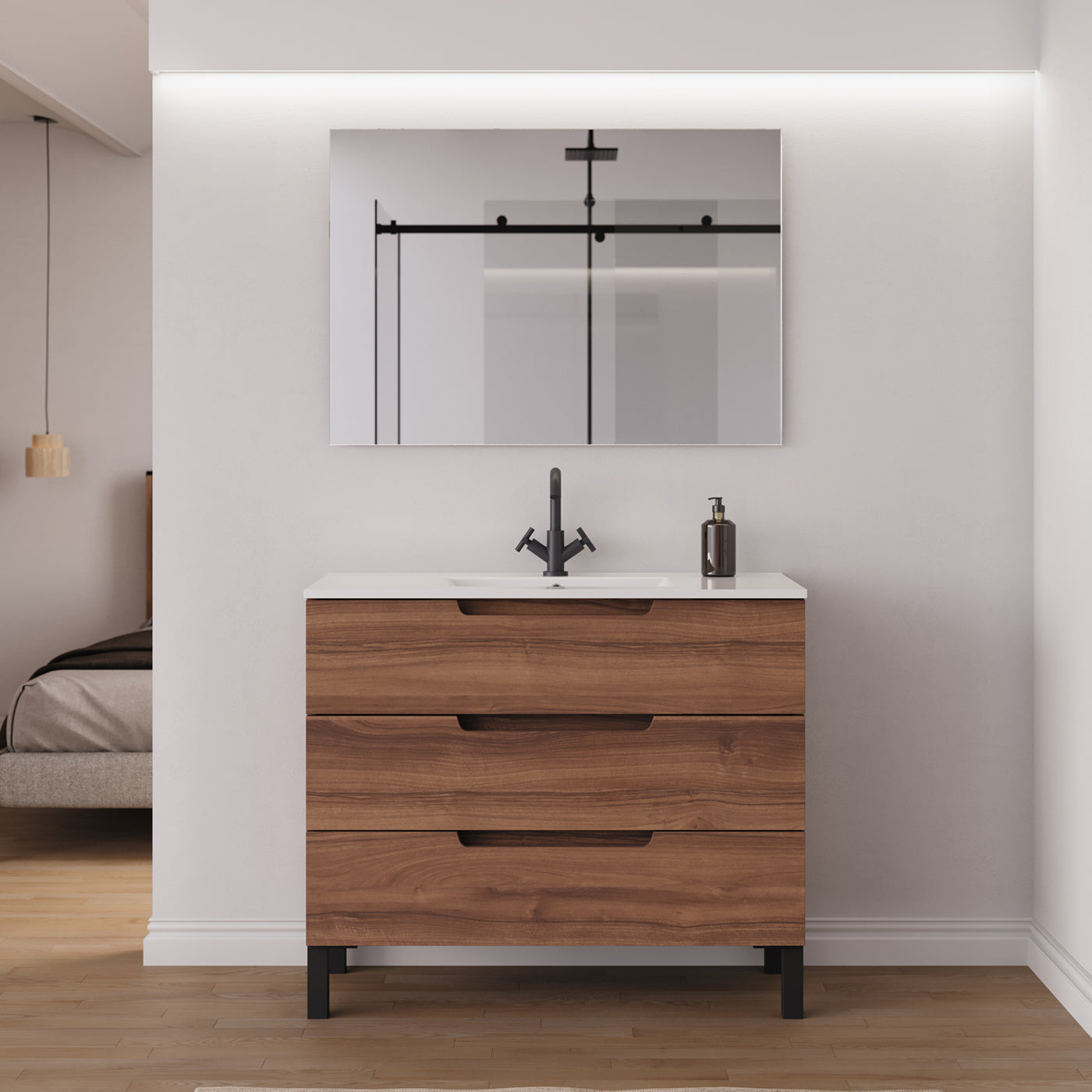 Ensemble Meuble salle de bain RIZA 100cm noyer