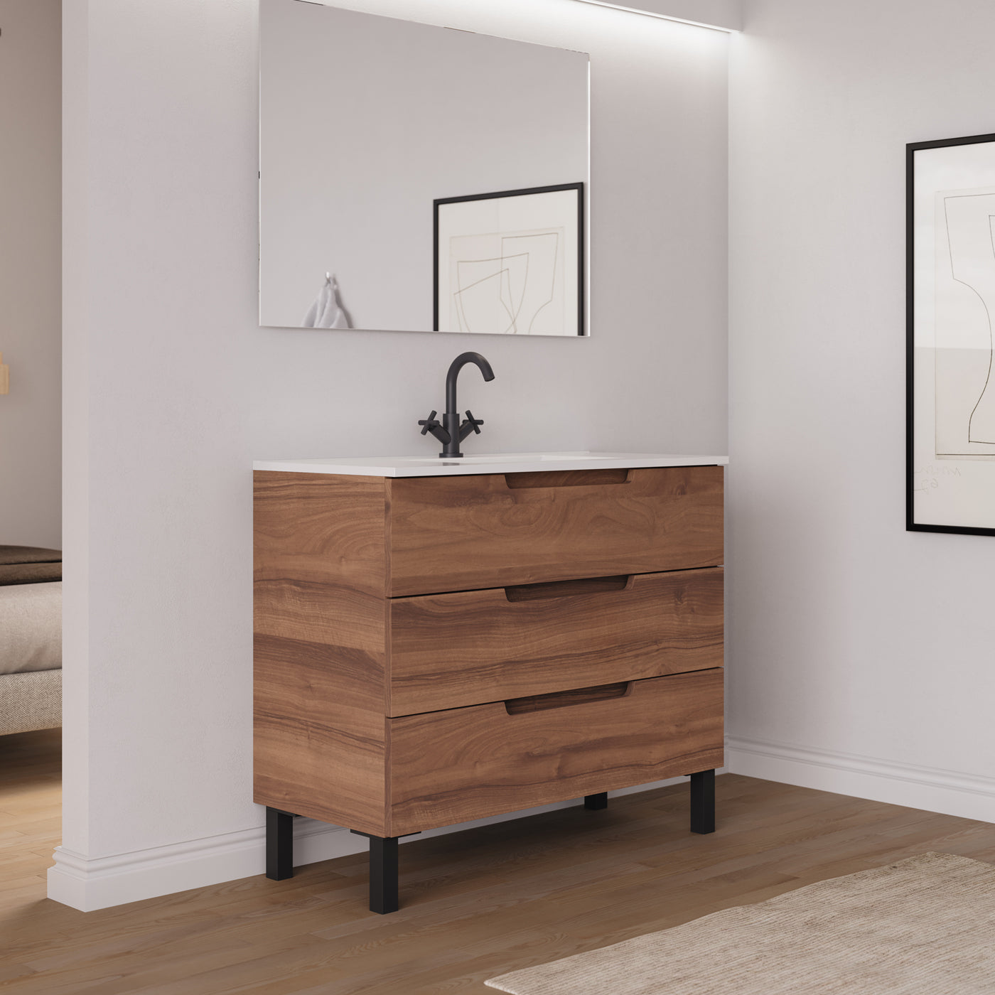 Ensemble Meuble salle de bain RIZA 100cm noyer vue profil