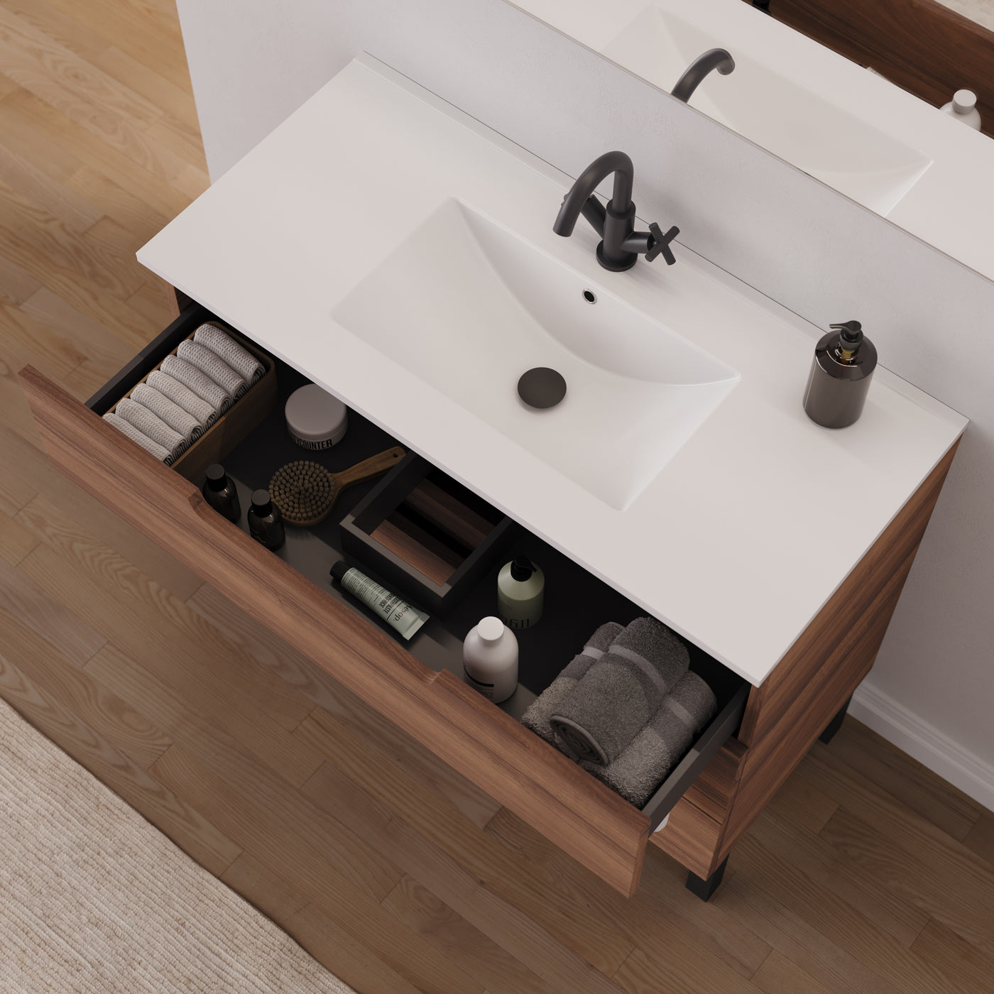 Meuble salle de bain RIZA 100cm noyer vue dessus