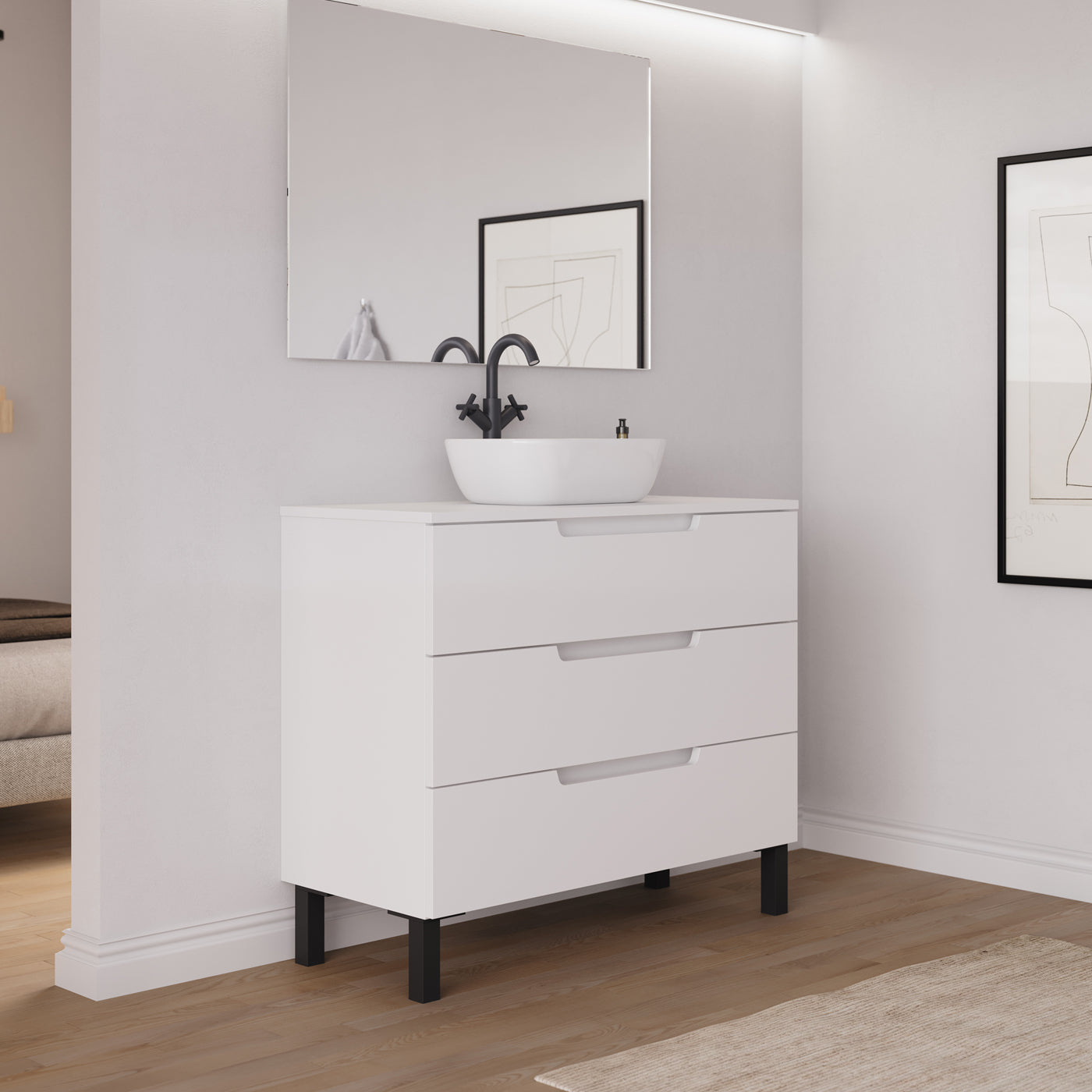 Ambiance meuble salle de bain RIZA 100cm blanc vasque zeus vue profil