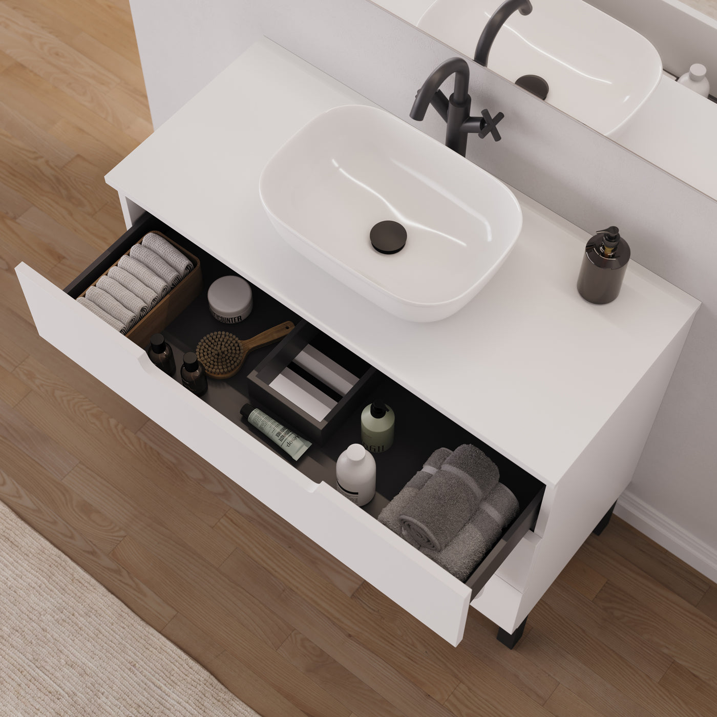 Meuble salle de bain RIZA 100cm blanc vasque zeus vue dessus