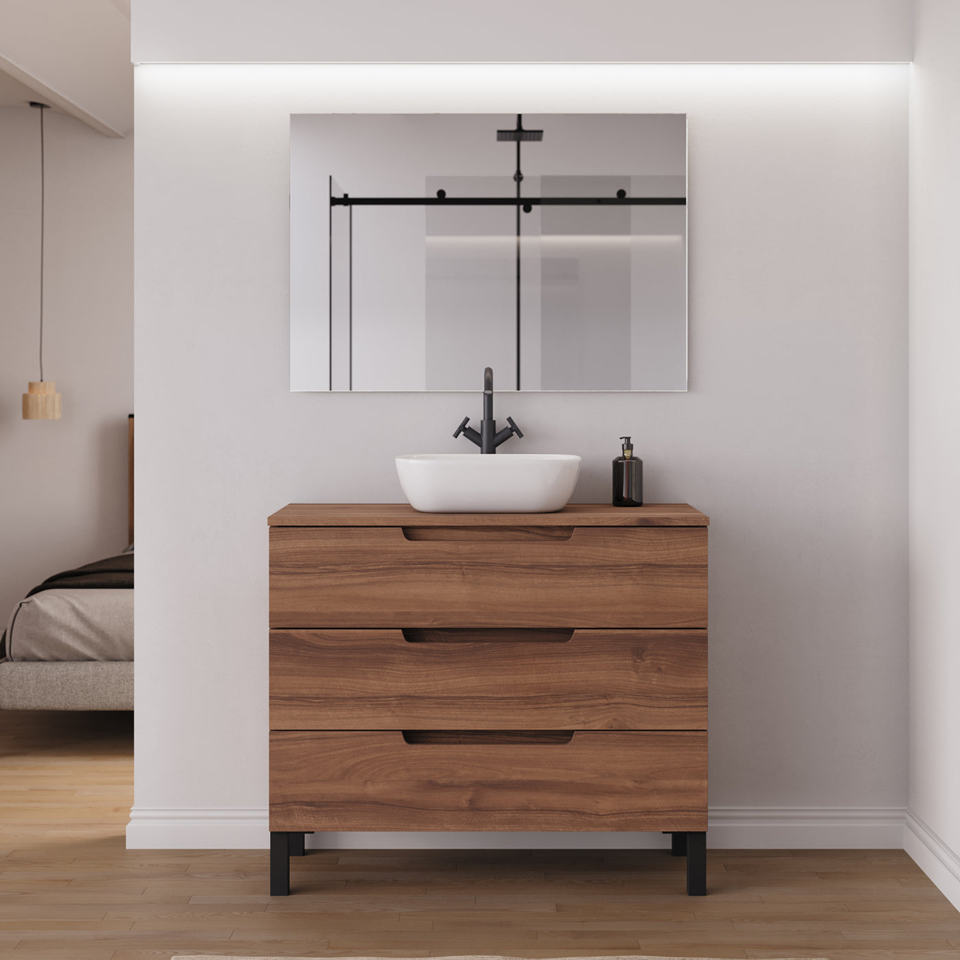 Ambiance meuble salle de bain RIZA 100cm noyer vasque zeus