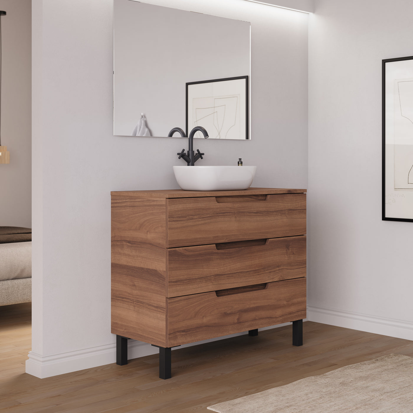 Ambiance meuble salle de bain RIZA 100cm noyer vasque zeus vue profil