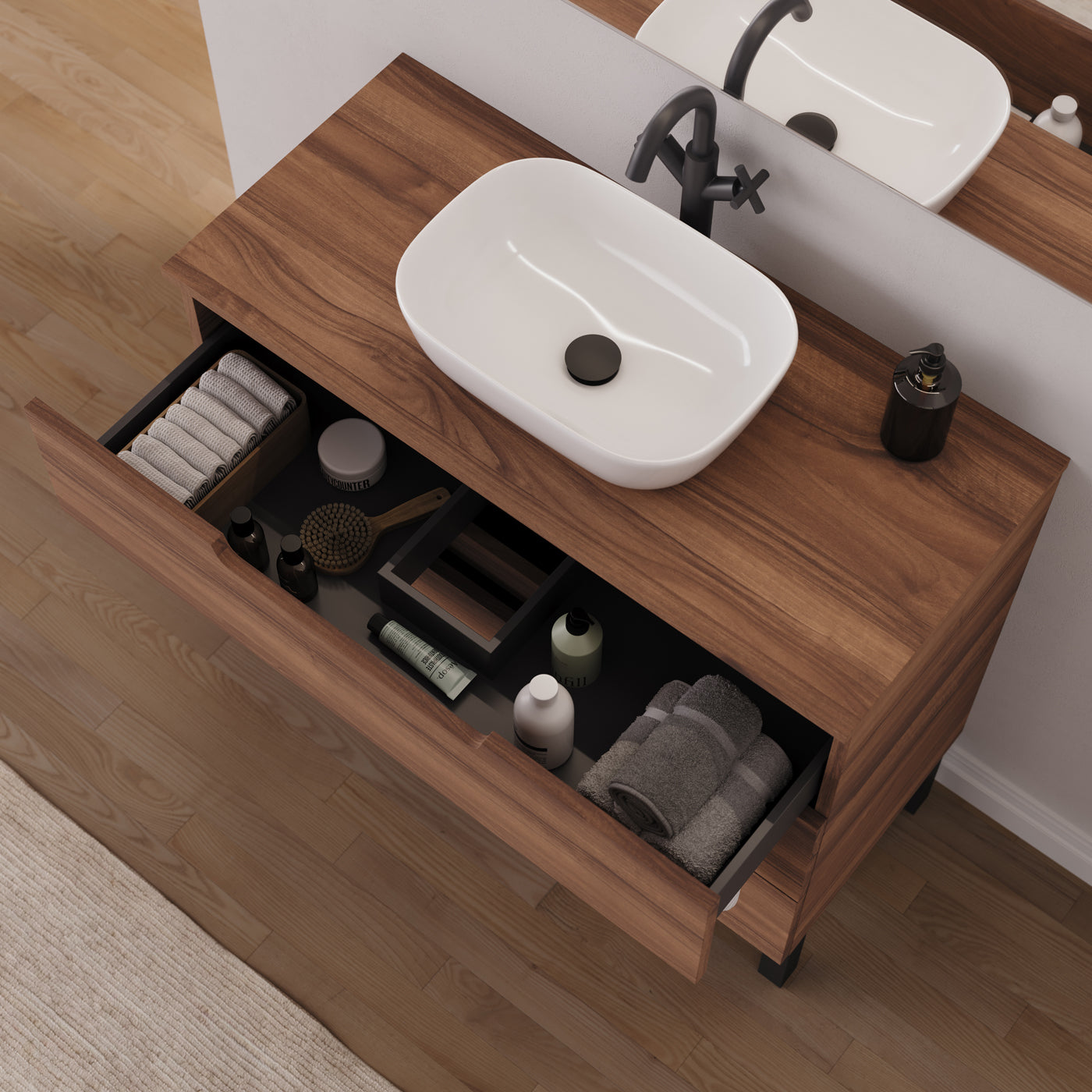 Meuble salle de bain RIZA 100cm noyer vasque zeus vue dessus