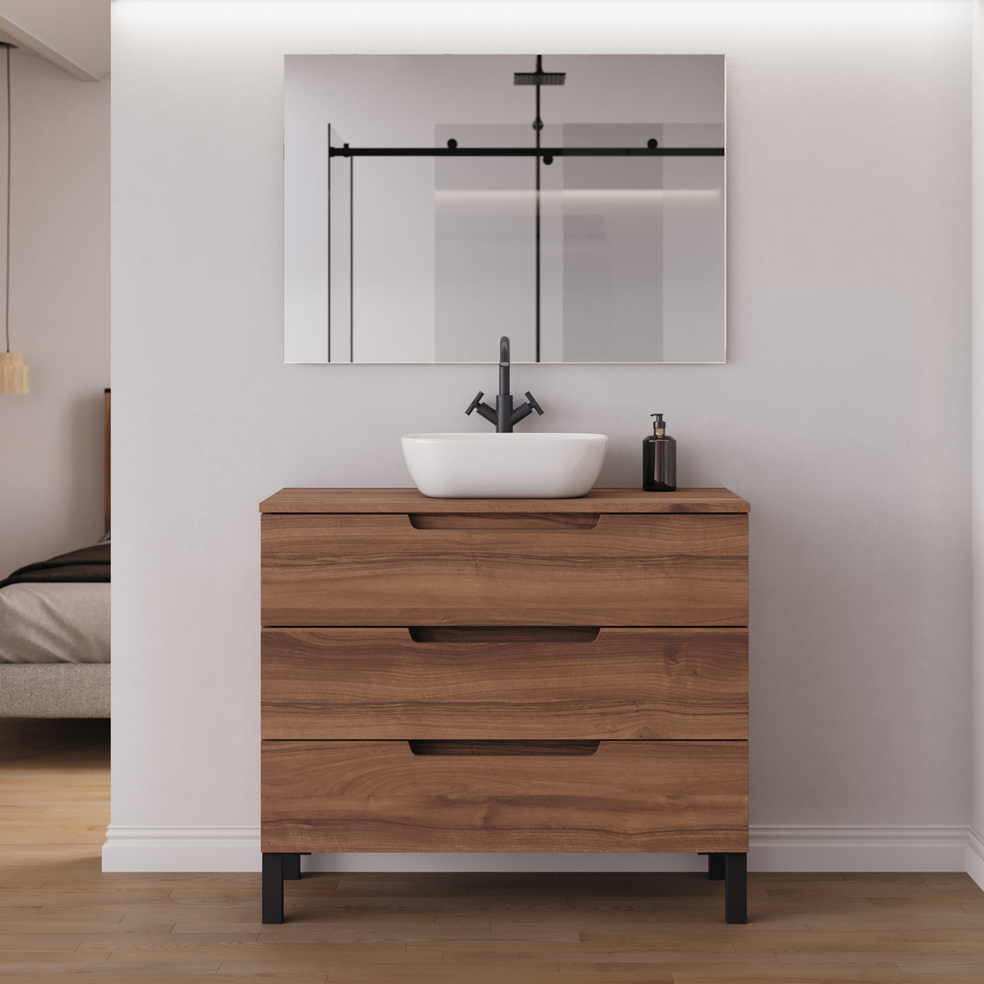 Meuble salle de bain RIZA 100cm noyer vasque zeus miroir
