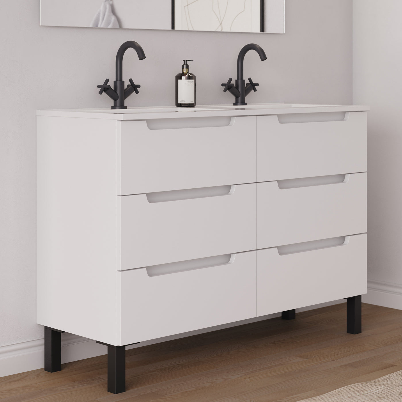Meuble salle de bain RIZA 120cm 6 tiroirs blanc double vasque vue côté