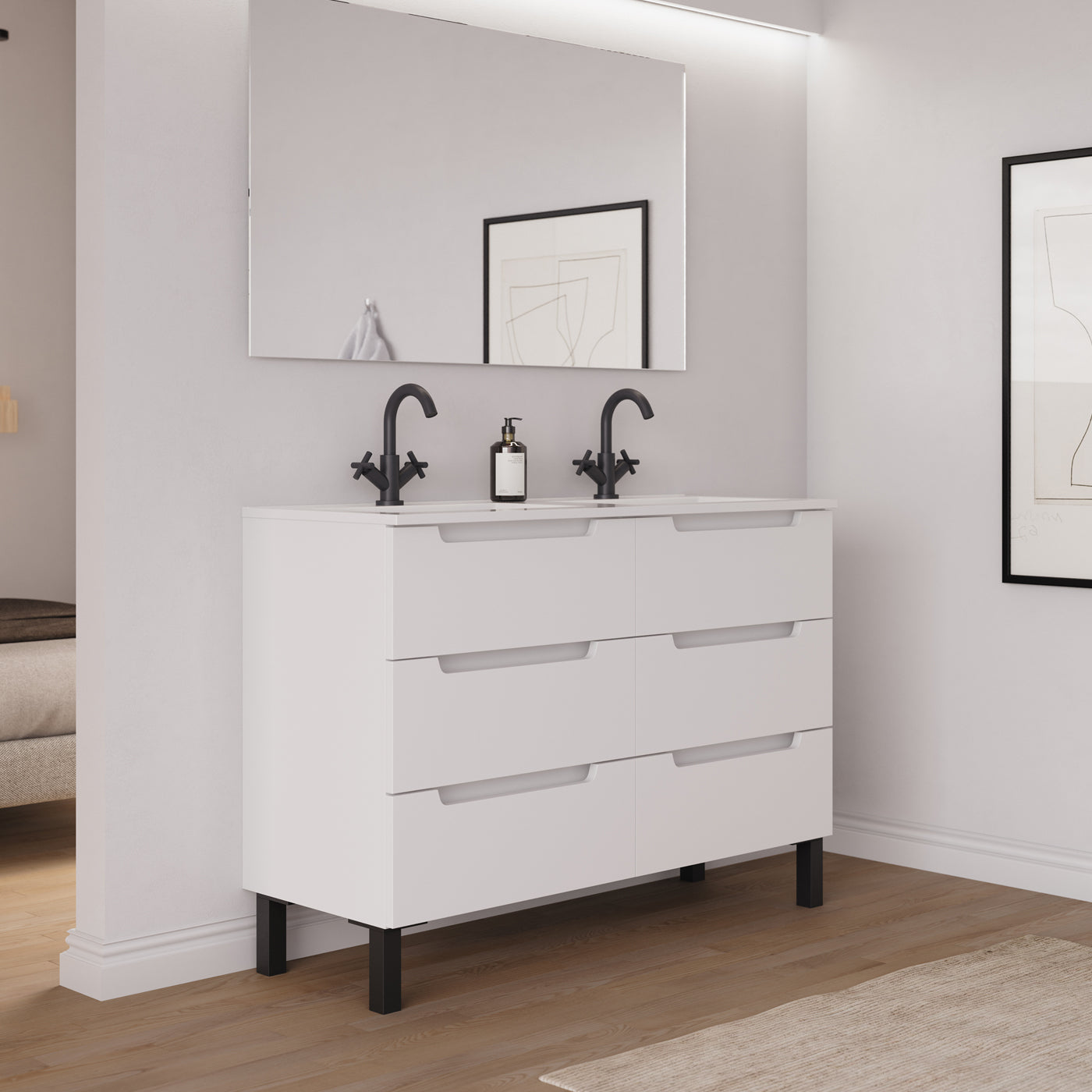 Ambiance Meuble salle de bain RIZA 120cm 6 tiroirs blanc double vasque vue côté