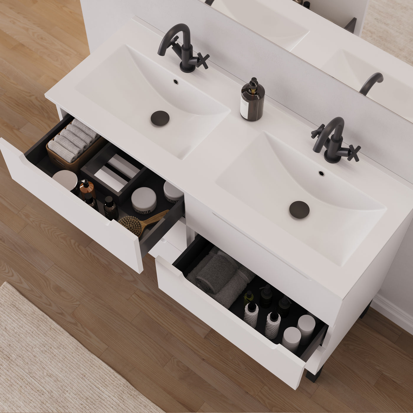 Meuble salle de bain RIZA 120cm 6 tiroirs blanc double vasque vue dessus
