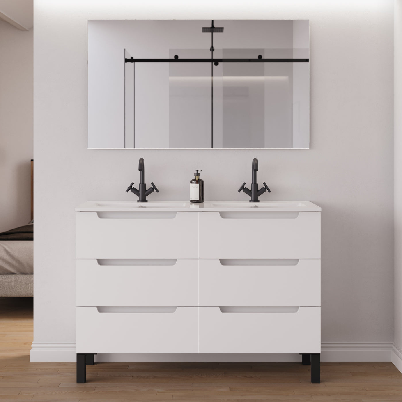 Meuble salle de bain RIZA 120cm 6 tiroirs blanc double vasque miroir