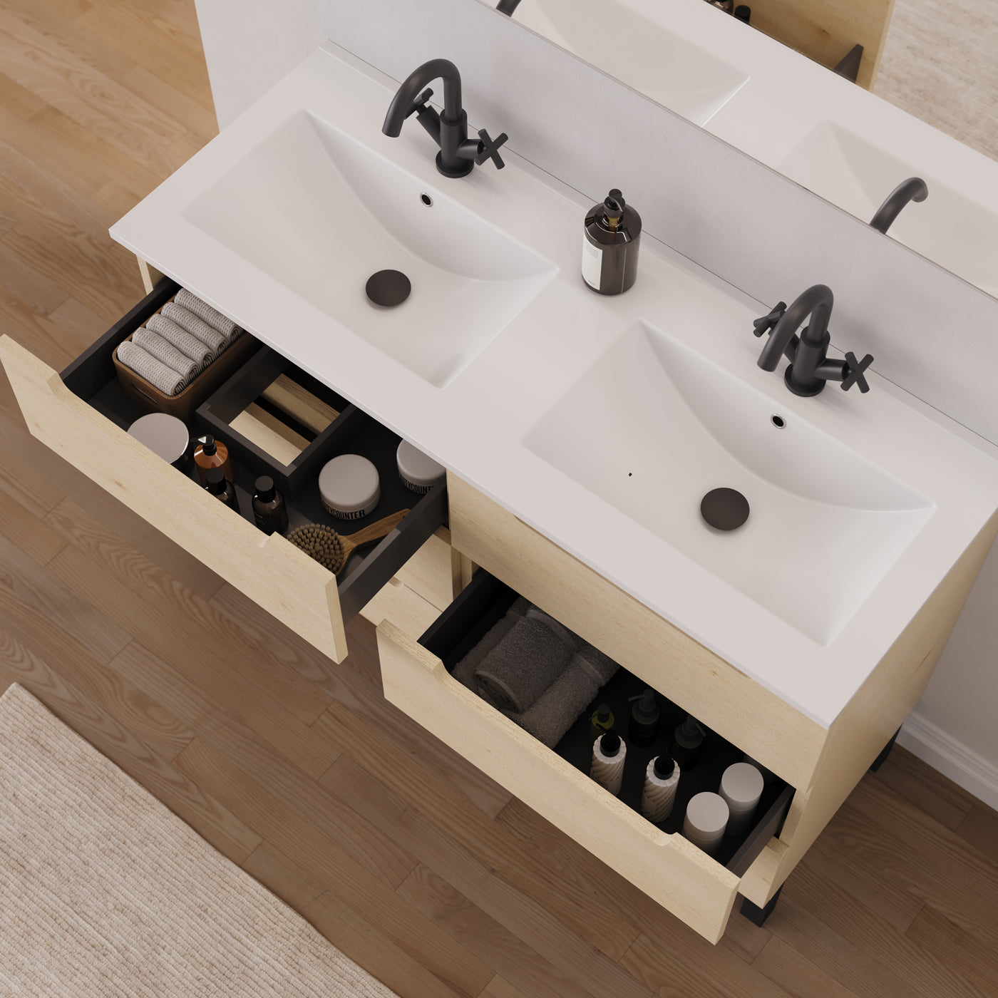 Meuble salle de bain RIZA 120cm 6 tiroirs calima double vasque vue dessus