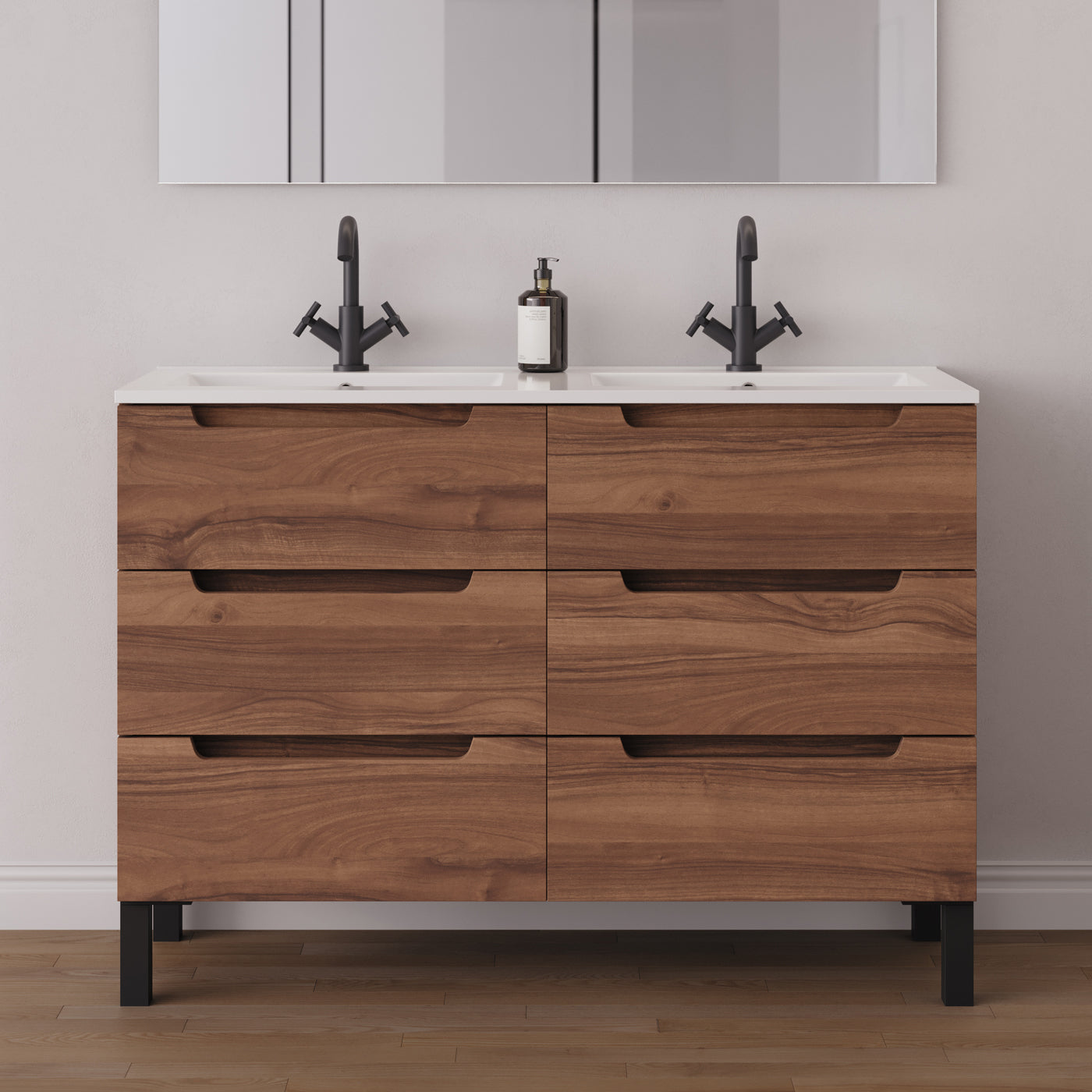 Meuble salle de bain RIZA 120cm 6 tiroirs noyer double vasque