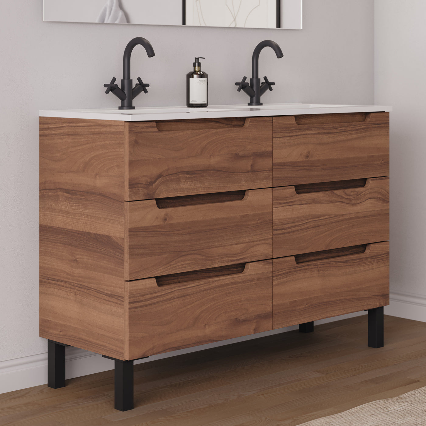Meuble salle de bain RIZA 120cm 6 tiroirs noyer double vasque vue côté